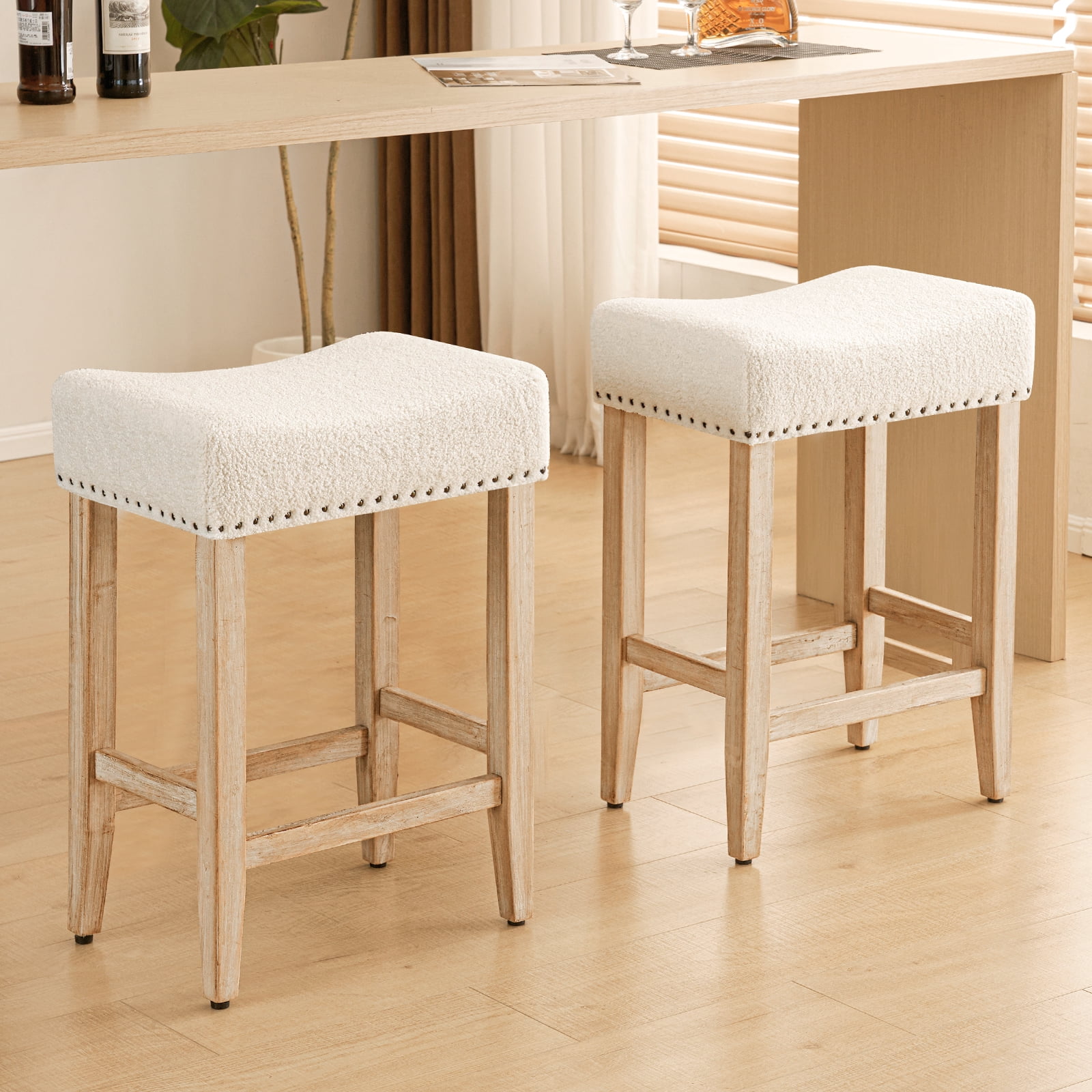 Furniliving 26" Modern Saddle Barstools, Sherpa Backless Kitchen Counter Bar Stool, Set of 2, Beige