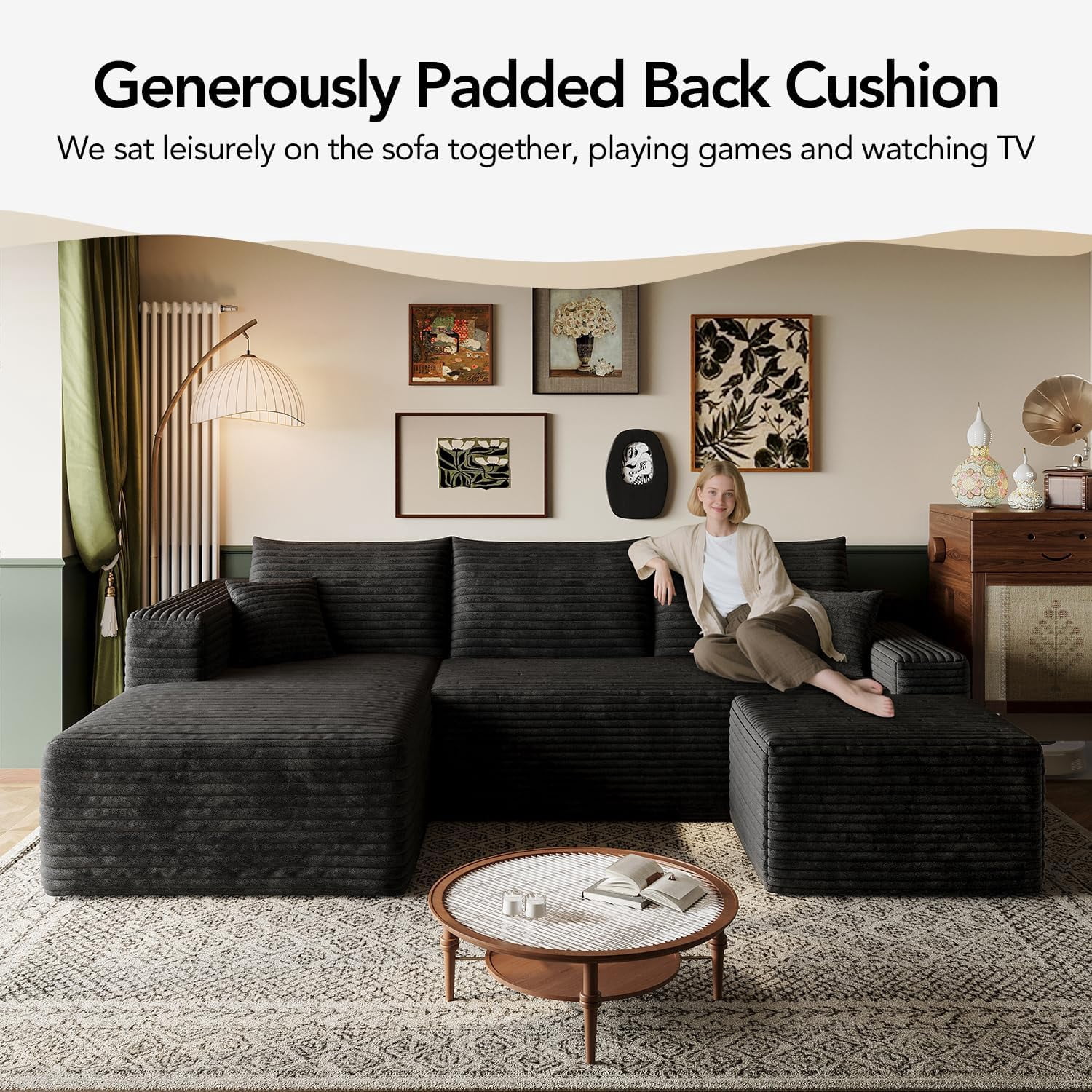 103" Cloud Sectional Sofa, Modern L Shaped Deep Seat Couch, Plush Corduroy Upholstered Sofa No Assembly, Living Room
