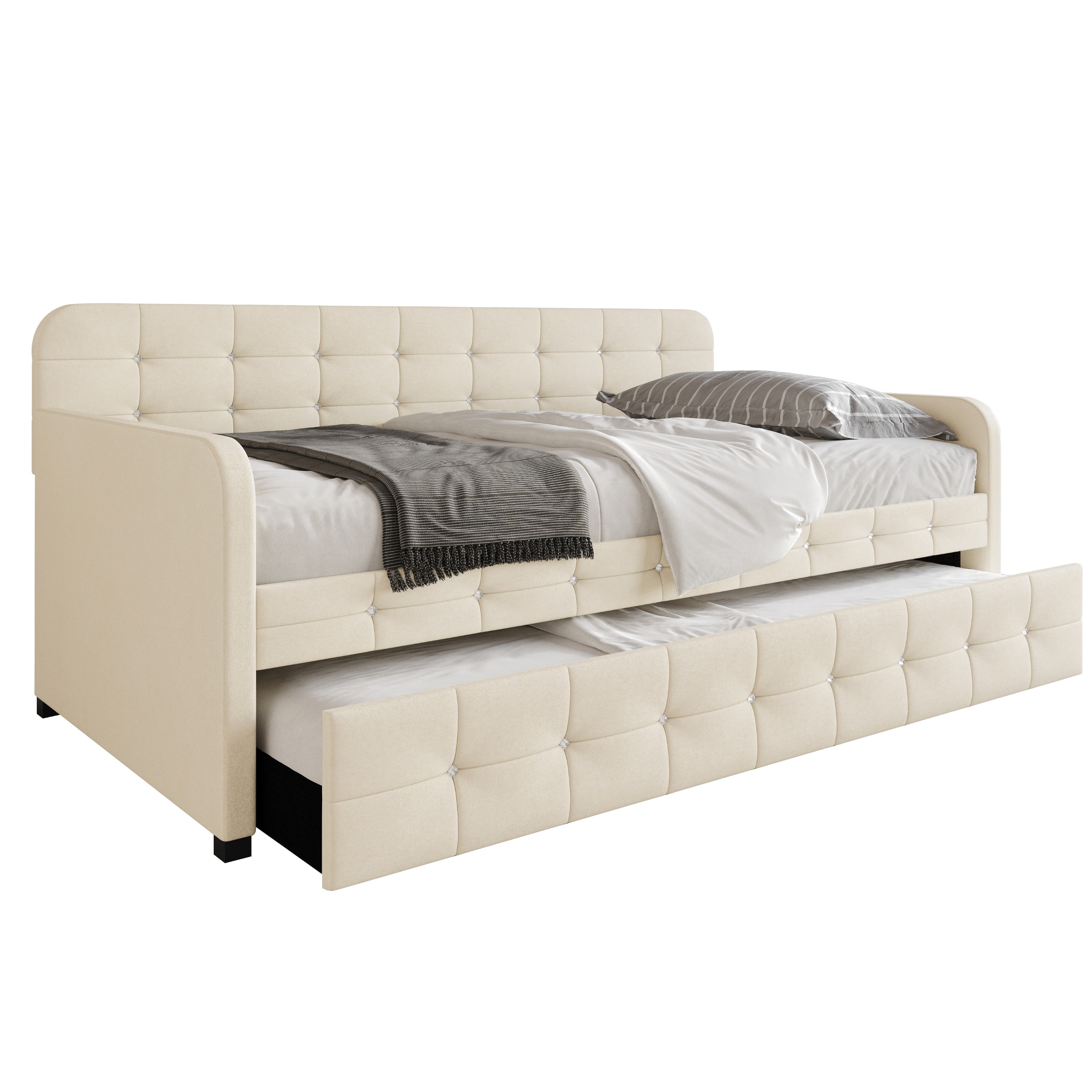 Home Design Elyria Twin Daybed with Velvet Upholstery, Diamond Button Tufting, Rounded Arms, Pull-Out Trundle, Solid Wood Frame, Stylish Seating and Sleeping, Beige