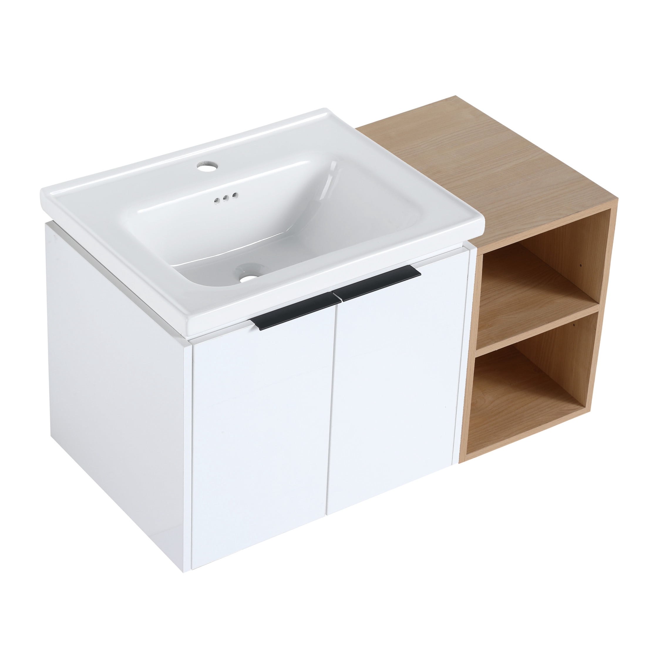 Noble House 36" Wall-Mounted Bathroom Vanity with Ceramic Sink, Soft-Close Doors, Small Storage Shelves, White