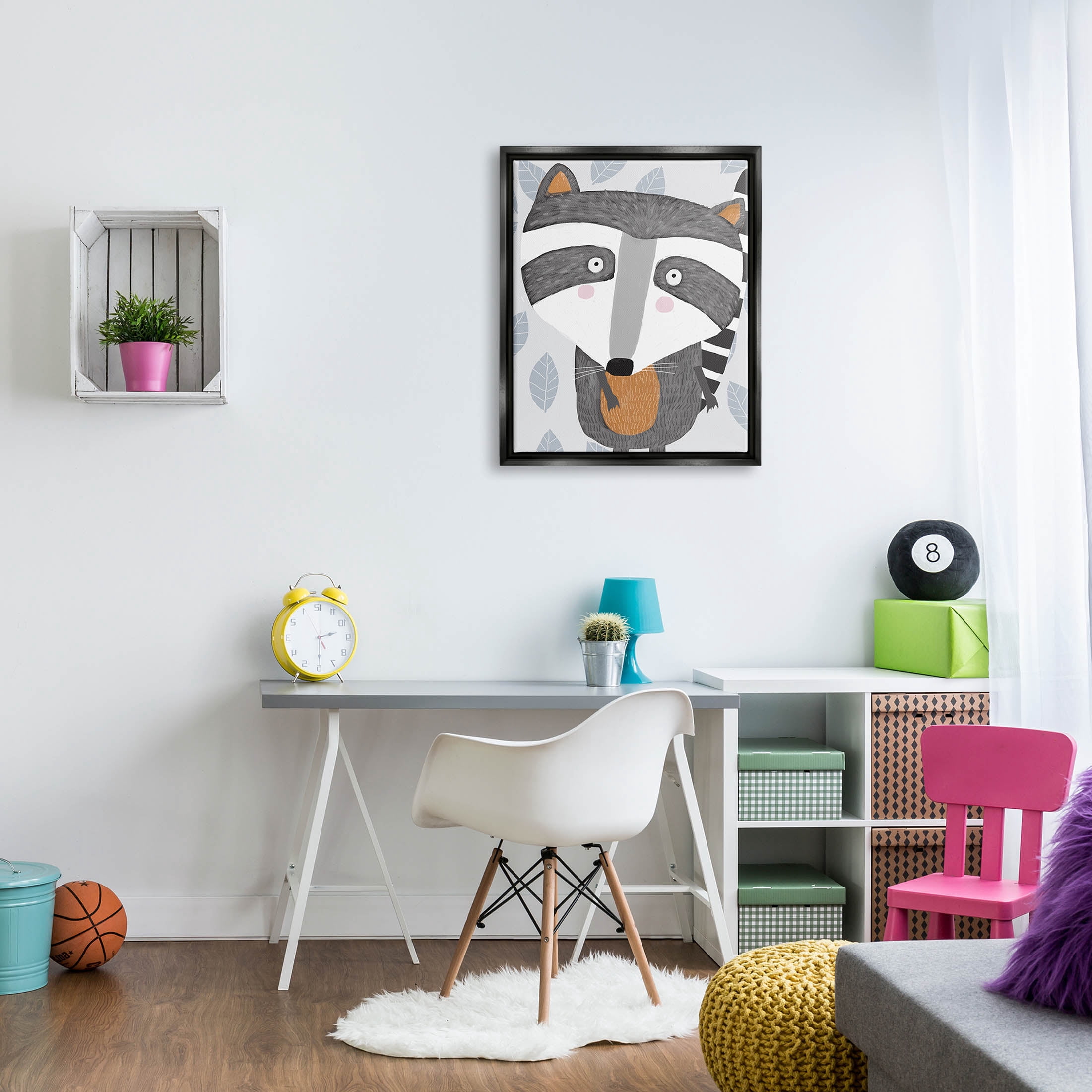 Stupell Industries Raccoon Animal Patterned Leaves Graphic Art Jet Black Floating Framed Canvas Print Wall Art, Design by Carla Daly
