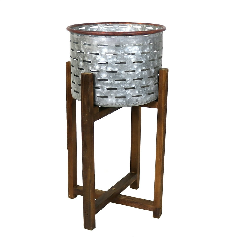Galvanized Metal Planter with Collapsible Wooden Base, Silver and Brown