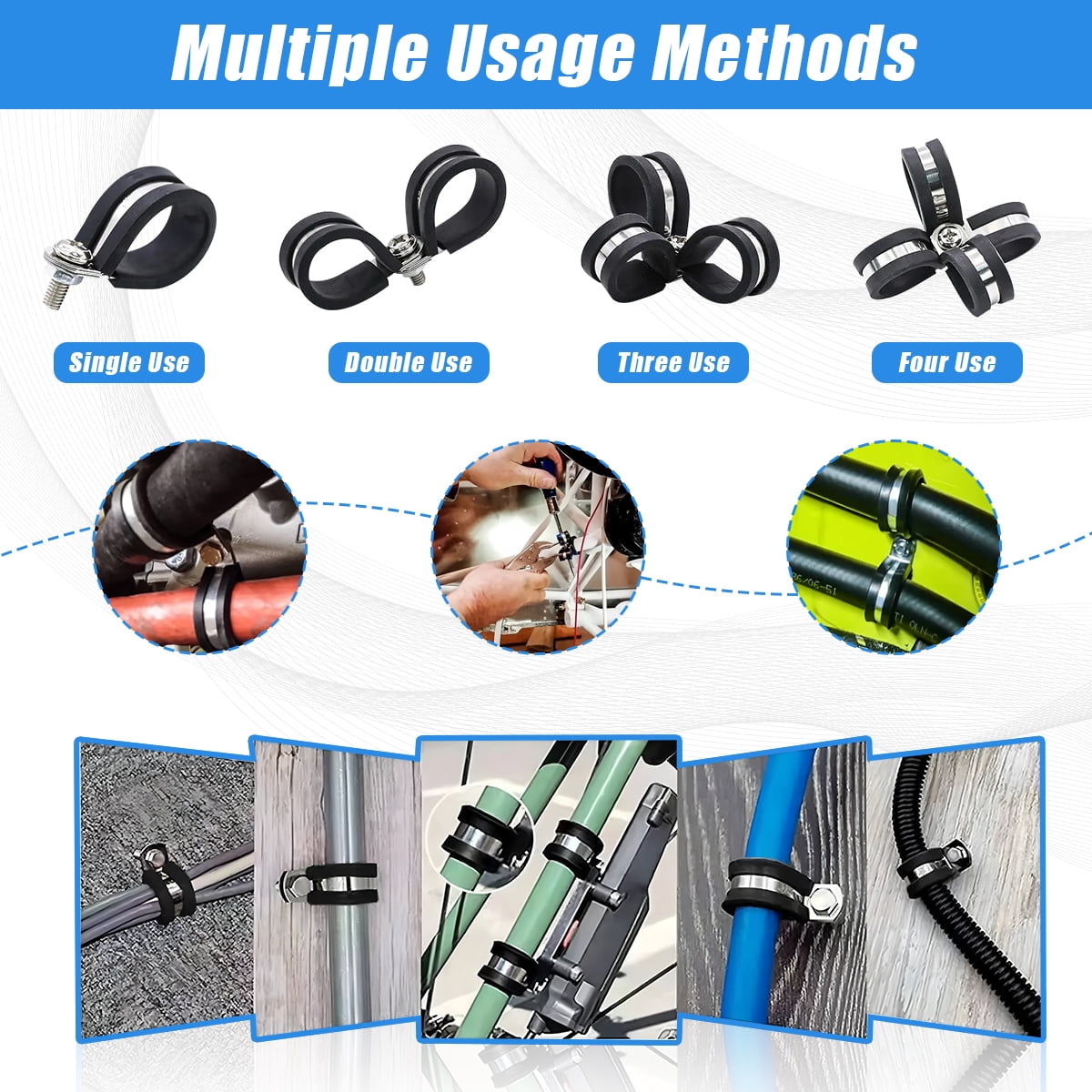 Cable Clamps Assortment Kit, 110PCS Stainless Steel Rubber Coated Cushioned Insulated Cable Clamp Automotive Wire Pipe Clamps