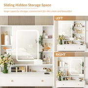 Vabches Vanity Set with Sliding Mirror and Lights Makeup Table with 3 Drawers & 2 Cabinets & 5 Shelves, White