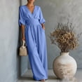 thumbnail image 4 of Women's Light Blue V-Neck Wide-Leg Jumpsuit, Batwing Sleeve Ruched Waist Maxi Jumpsuit Blue XL, 4 of 5