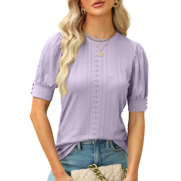 Camisa De Punto Superior Señoras Cami Top Blusa Cuello redondo Camiseta de moda Ropa de vacaciones (Púrpura L) Cgtredaw Para estrenar