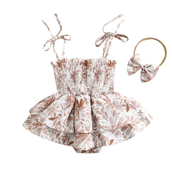 NOKIO Tutu Dress Baby Jumpsuits, Frilly Baby Rompers, Baby Girl 1st Birthday Outfit Toddler Girls Halter Romper Bodysuit Flower Prints Fashion For Clothes With Headbands Floral Baby Bodysuits