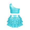 thumbnail image 2 of YONGHS Girls Jazz Latin Dance Costume Sequins Ruffle One Shoulder Crop Top with Skirted Shorts Outfits Sky Blue 16, 2 of 5