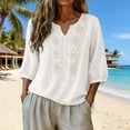 thumbnail image 4 of Wutalume Women's 3/4 Sleeve Linen Top - Casual V-Neck Button Down Shirt in Solid Color, 3/4 Sleeve Blouses for Women, Womens Summer Tops Breathable,White XL, 4 of 5