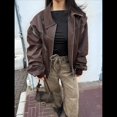 thumbnail image 4 of Chaqueta de Motociclista de Piel Sintética para Mujer, Abrigo de Invierno Extragrande con Cremallera, Ropa de Abrigo de Otoño. Color Café L, 4 of 9