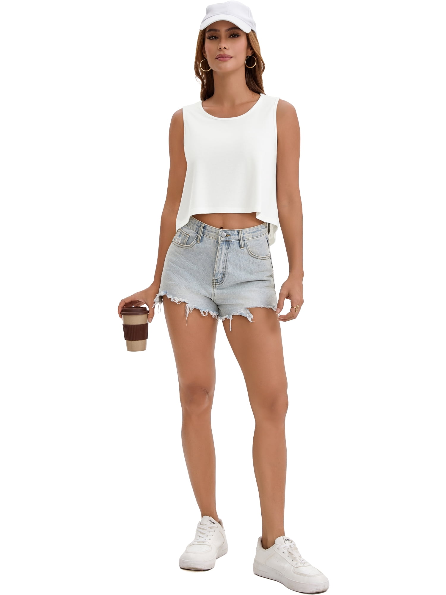DARING DIVA Women's High Low Sleeveless Flowy Tank Top Athletic Yoga Workout Shirt L White