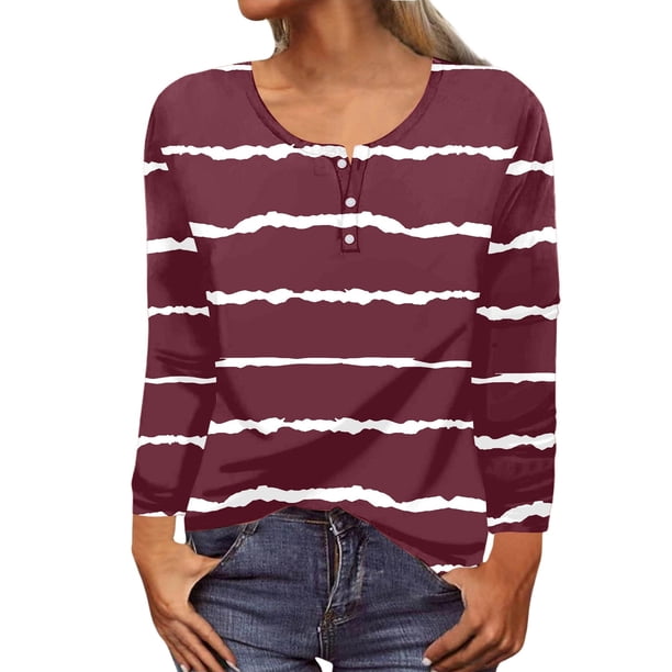 MHFRRA Camiseta de Manga Larga con Cuello Redondo y Estampado Floral para Mujer, Estilo Informal y Elegante. Rojo Ladrillo