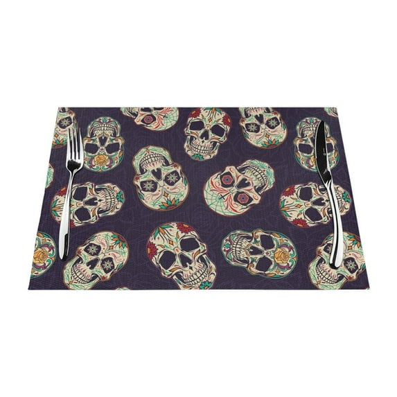 XMXT 6 Pcs Woven Placemats, Mexican Undead Skeleton Print Stain Resistant Anti-Skid Placemat for Kitchen Table, 12 x 18 inches