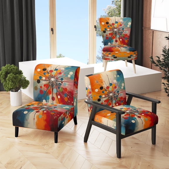 Designart "Colorful Mid Century Optical Charm IV" Red Abstract Upholstered Accent Chair - Mid-Century Modern Arm Chair For Living Room