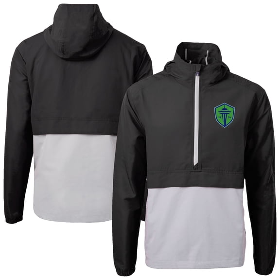 Men's-Cutter & Buck  Black Seattle Sounders FC Charter Eco Recycled Anorak Hooded Half-Zip Jacket
