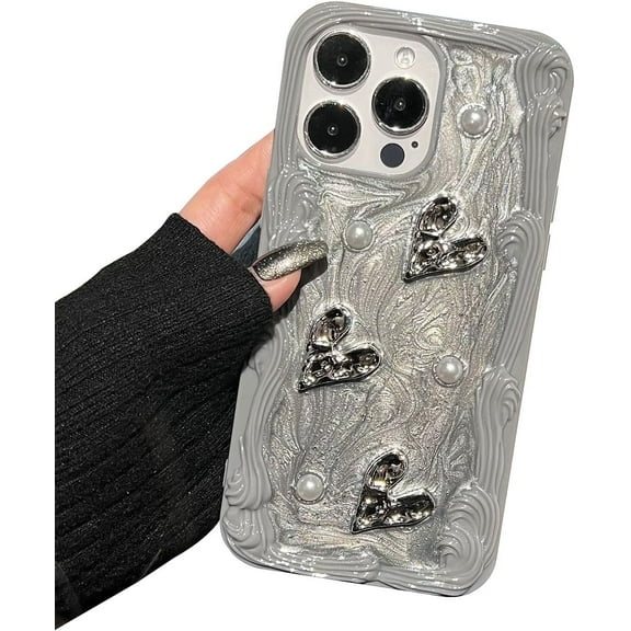 Love Heart Pearl Glitter Aesthetic Soft Case Compatible with iPhone Case (iPhone 13 Pro Max,Gray)