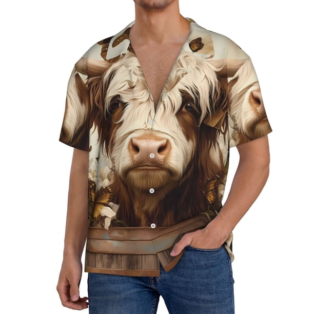 Fotbe Butterfly Cow Barrel Camisa Estampada de Manga Corta para Hombre, Casual de Verano, Estilo Playero, Sin Arrugas-X-Large
