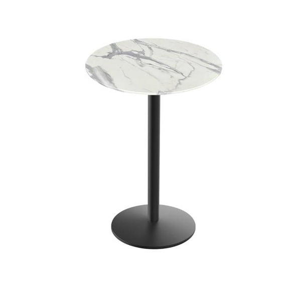 Indoor/Outdoor 42" Tall OD214 Black Table Base with 22" Diameter foot and 32" Diameter Indoor/Outdoor White Marble Top by the Holland Bar Stool Co.