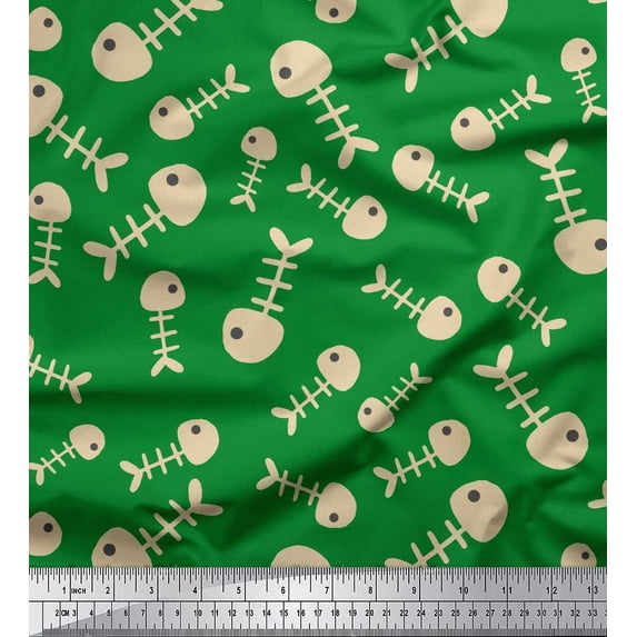 Soimoi Green Cotton Duck Fabric Fish Skeleton Ocean Print Fabric by Yard 42 Inch Wide