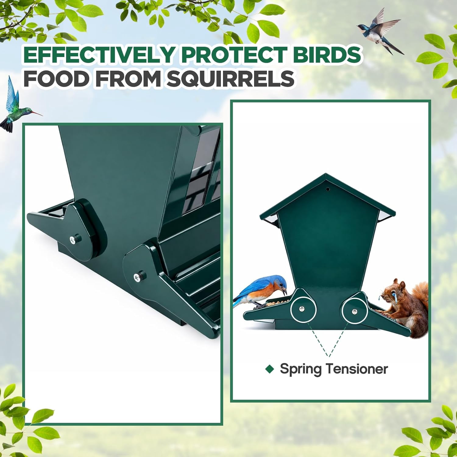 Squirrel Proof Bird Feeder Metal 12lbs Large Capacity for Cardinals Chickadees Green Bird Feeder on Pole for Outdoors, Not Including Pole