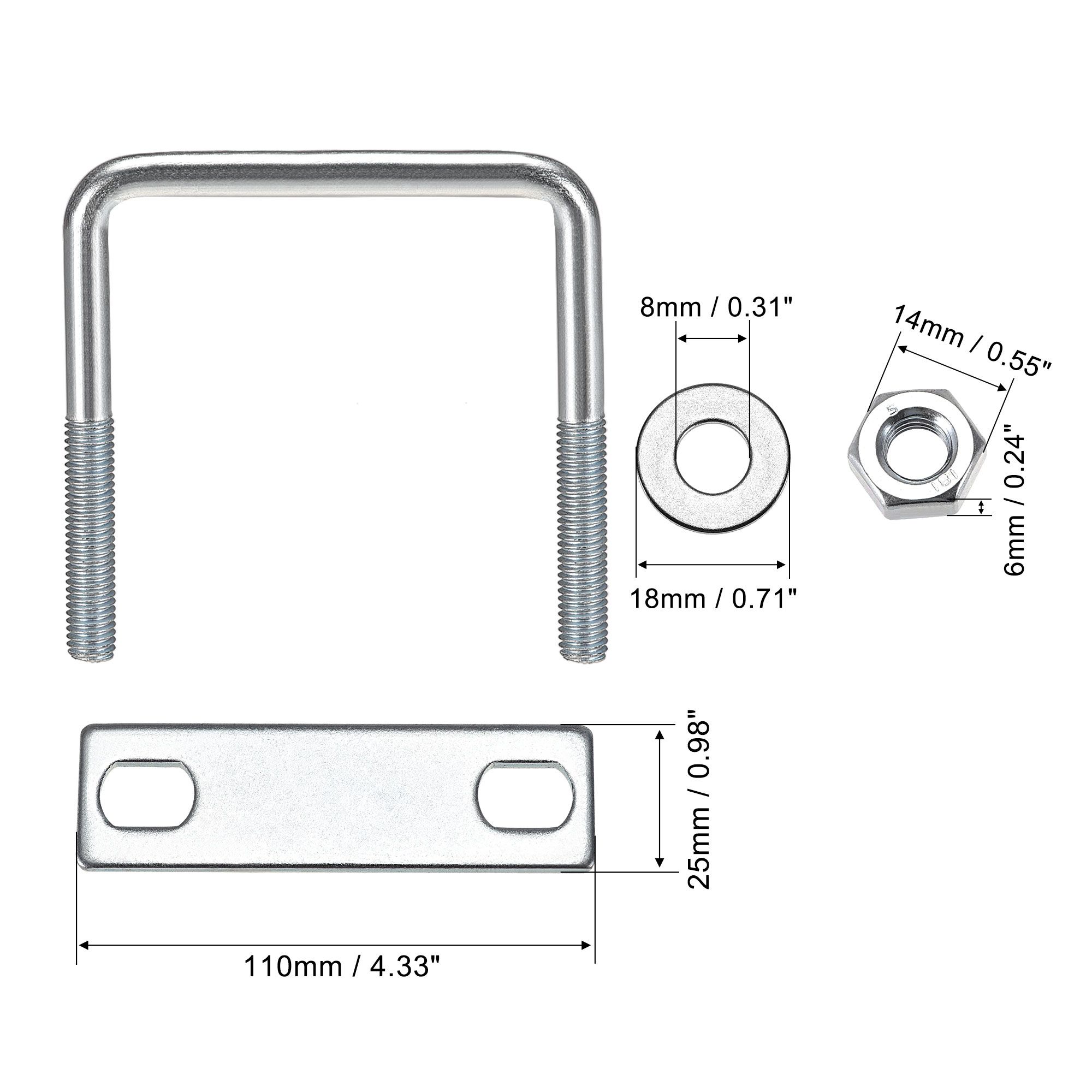 Unique Bargains Durable U-Bolts Carbon Steel with Nuts Plate Washers Silver 2.95"