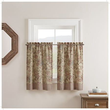 Waverly Lucchese Floral Light Filtering Rod Pocket Window Tier Pair  Set of 2  Beige  52 x 36