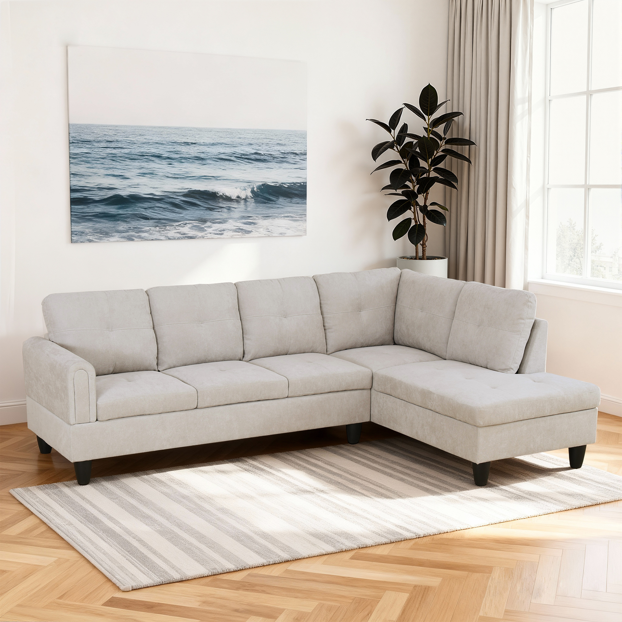 MAYEERTY 97" Sectional Sofa Fluffy Fabric Modular Couches with Reversible Chaise without Ottoman, Light Grey(Right)