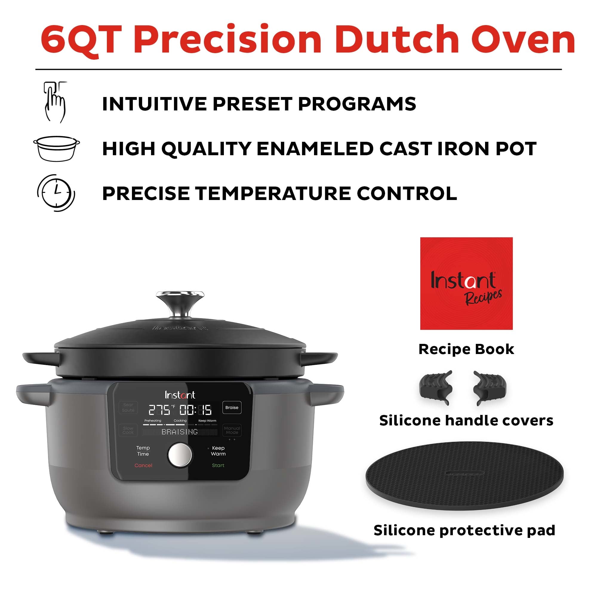 Instant Precision 6 Quart Cast Iron Dutch Oven 5-in-1 Red 810102260840