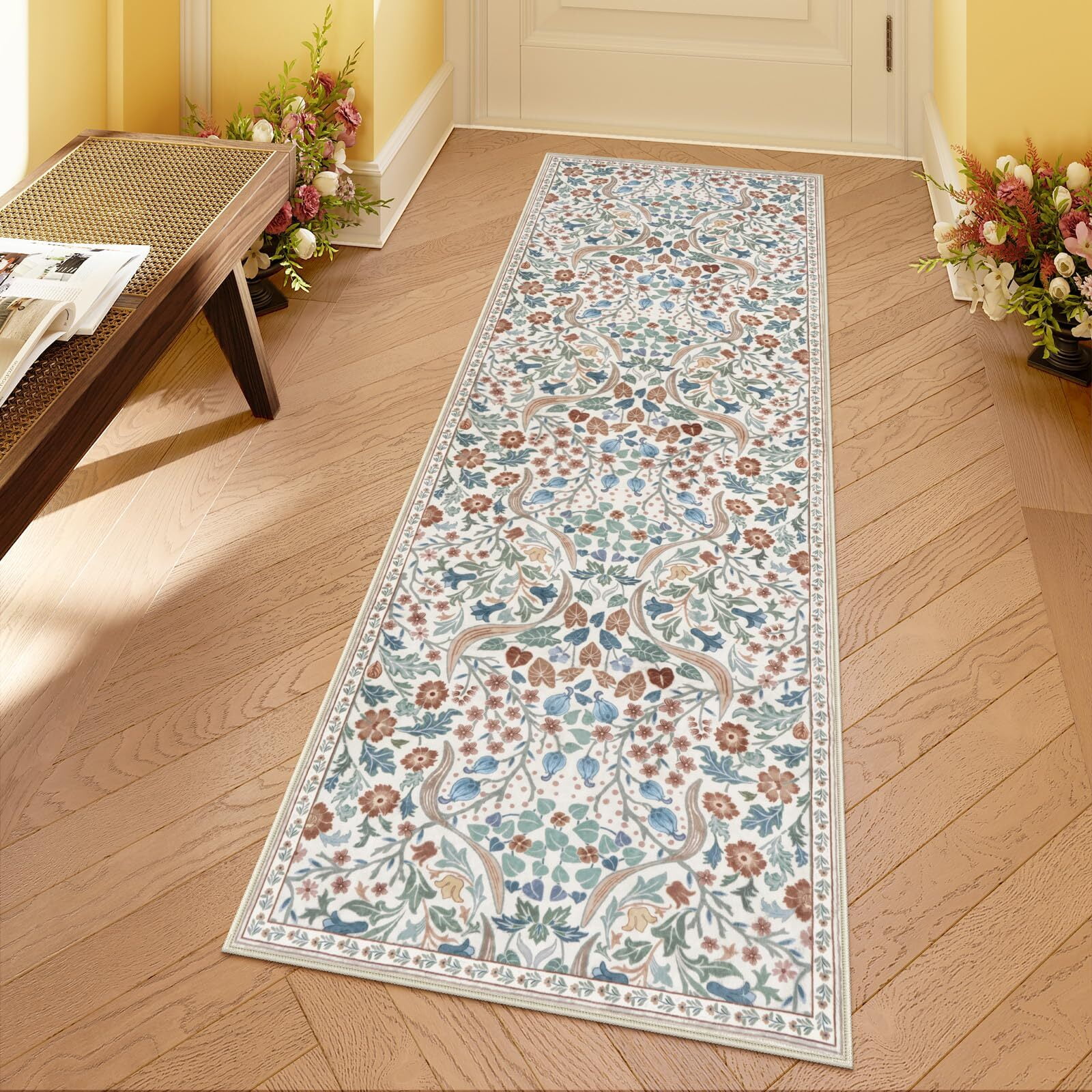 Lahome 2'x6' Floral Hallway Runner Rug, 2x6 Kitchen Runner Rug Non Skid Washable, Boho Soft Bathroom Carpet Runner Rug, Ultra Thin Botanical Runners for Laundry Bedroom, Beige