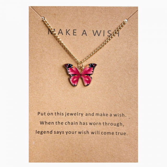 Colliers Papillon pour Femmes Violet Bleu Rose Pendentif Papillon Colliers Chaîne Ajustable pour Filles, Rouge Rose