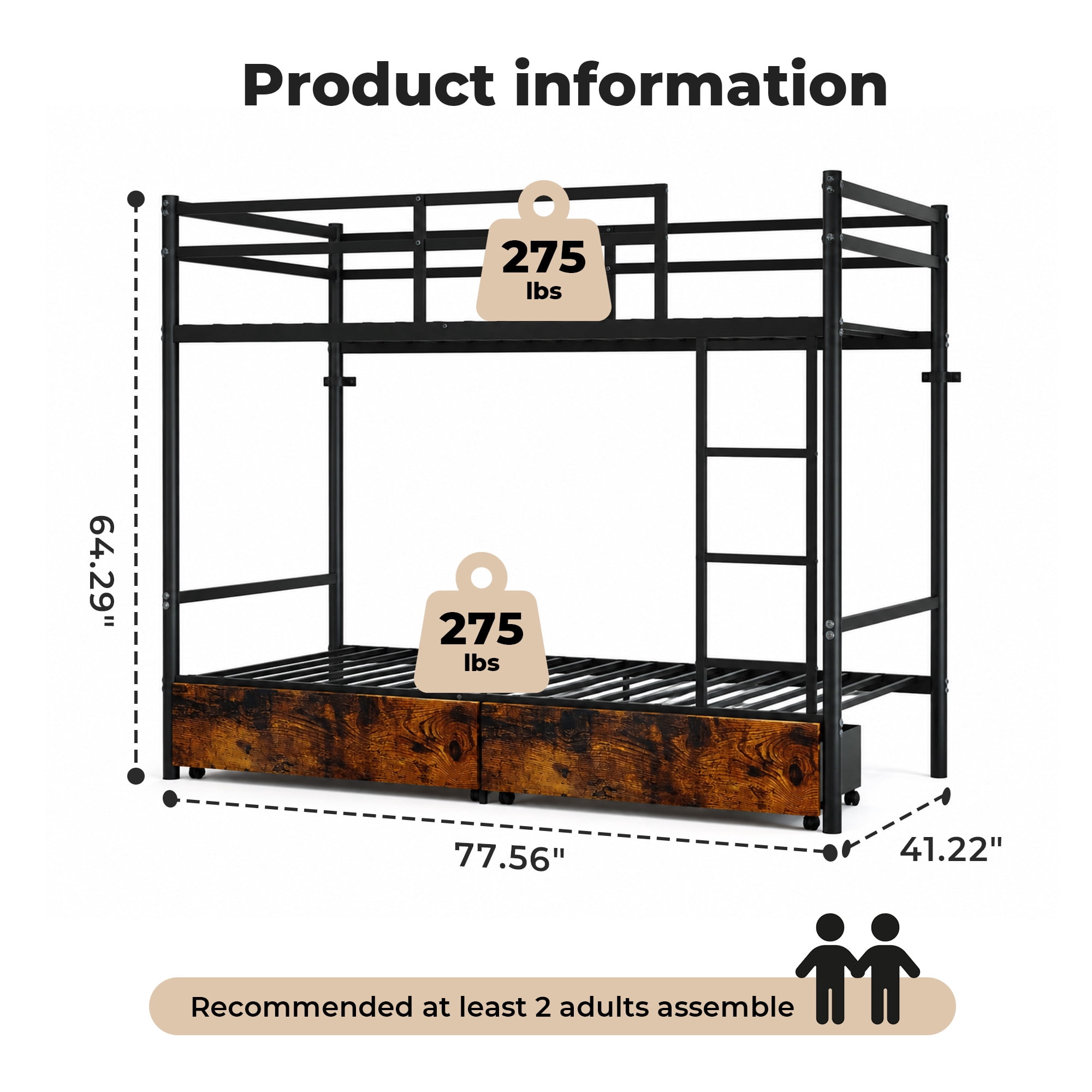Alvantor Bunk Bed Twin over Twin for Kids, Metal Bunk Bed with Drawers Black