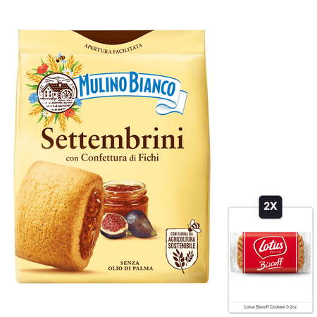 Mulino Bianco Settembrini 10.58Oz (300G) – Authentic Italian Biscuits With Fig Filling – Perfect Snack Or Coffee Companion – Made With Natural Ingredients & 2x Lotus Biscoff Cookies 0.2oz