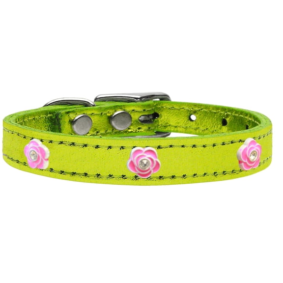 Bright Pink Rose Widget Genuine Metallic Leather Dog Collar Lime Green 18