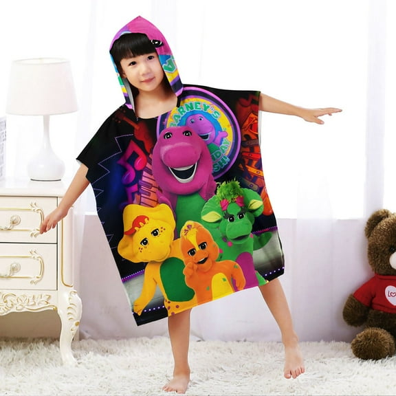 Barney & Friends Hooded Poncho Towels, Soft & Absorbent Microfiber Beach Towel, Swimming Pool Changing Robe Bathrobe Bath Towel