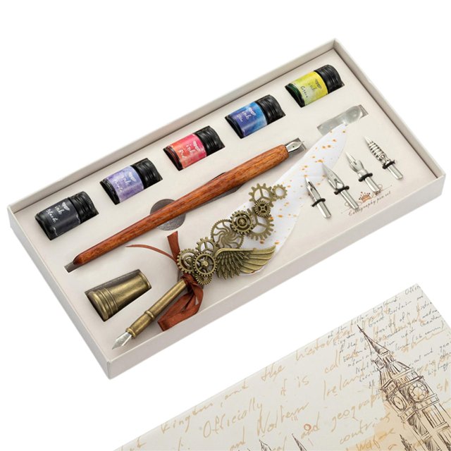 7 Juego de pluma de inmersión antigua, 5 botellas de tinta coloridas, 4 puntas de bolígrafo, Kit de caligrafía de regalo
