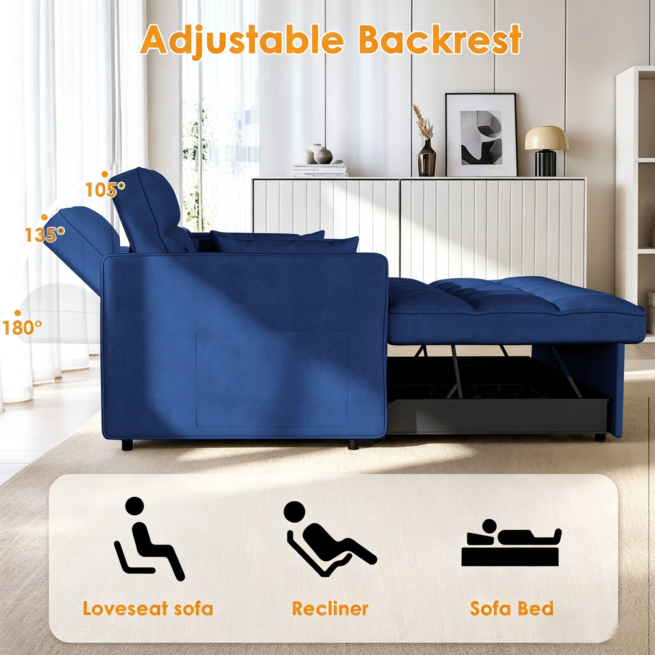 AISWORD Convertible Sofa Bed, 3 in 1 Pull Out Sleeper Loveseat Couch with Storage, Blue