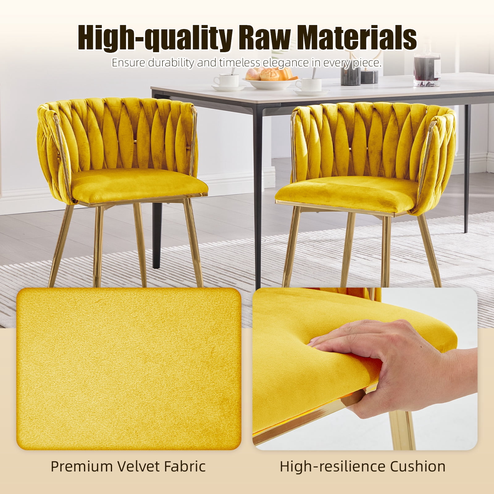 MOONMISS Velvet Upholstered Tufted Wood Frame Side Dining Chair with Golden Legs（set of 2）-Yellow