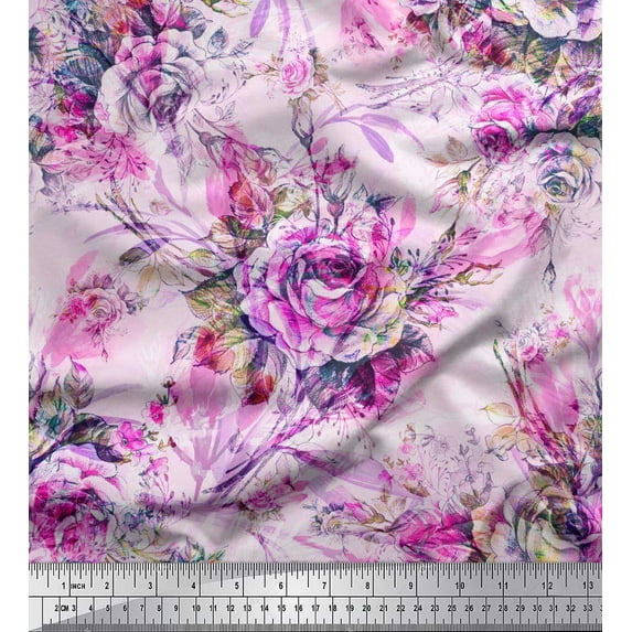 Soimoi Cotton Duck Fabric Leaves & Rose Flower Print Fabric by The Yard 56 Inch Wide