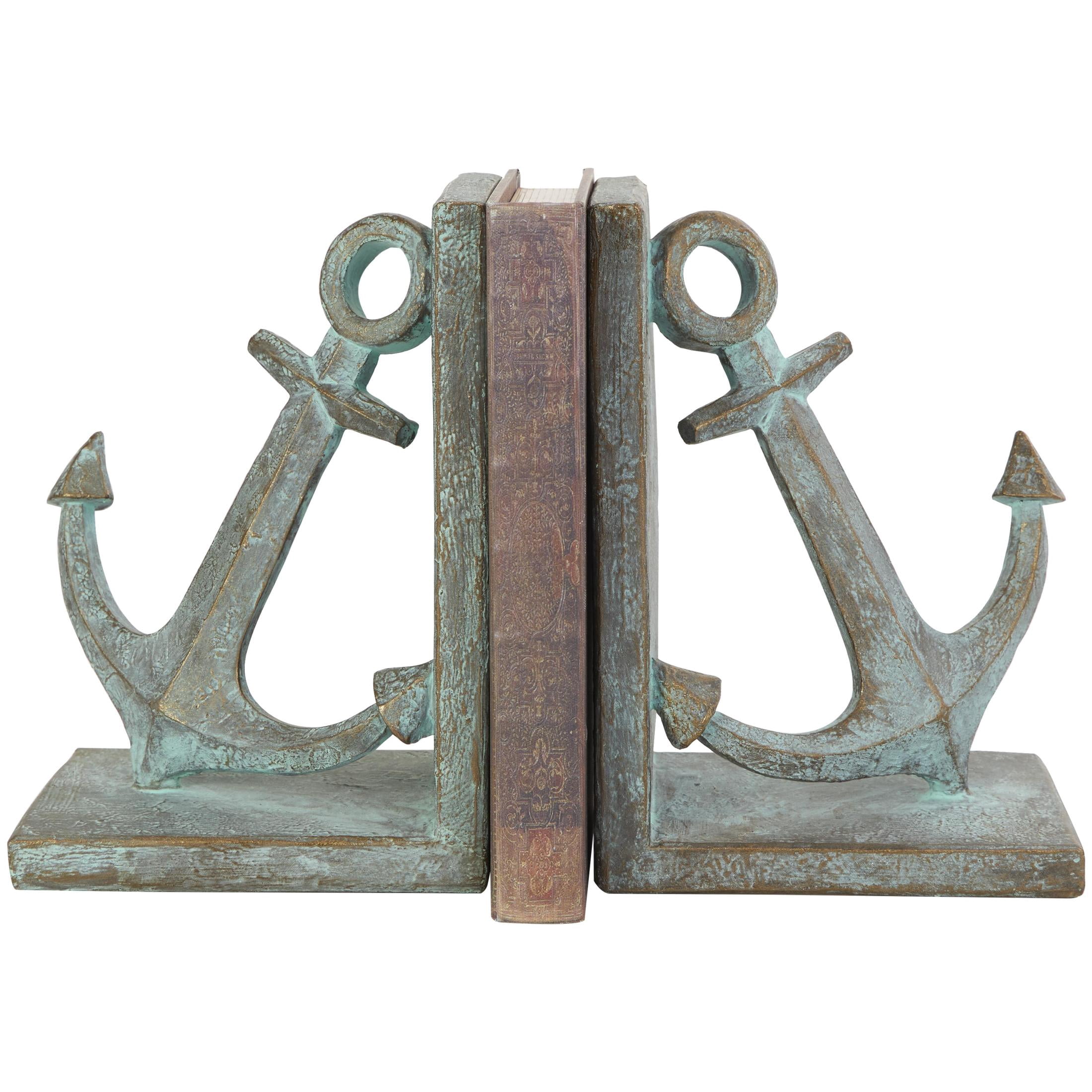 DecMode 4" Distressed Patina Anchor Blue Polyresin Bookends with Gold Foil Accents (Set of 2)