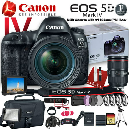 Canon EOS 5D Mark IV DSLR Camera with 24-105mm f/4L II Lens (USA Model) W/ Canon Bag, Extra Battery, LED Light, Mic, Filters, Tripod, Monitor and More - Professional