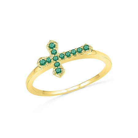 Created Emerald Cross - 10KT YELLOW GOLD LAB CREATED EMERALD CROSS RING