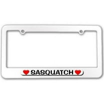 Sasquatch Love with Hearts License Plate Tag Frame, White Color