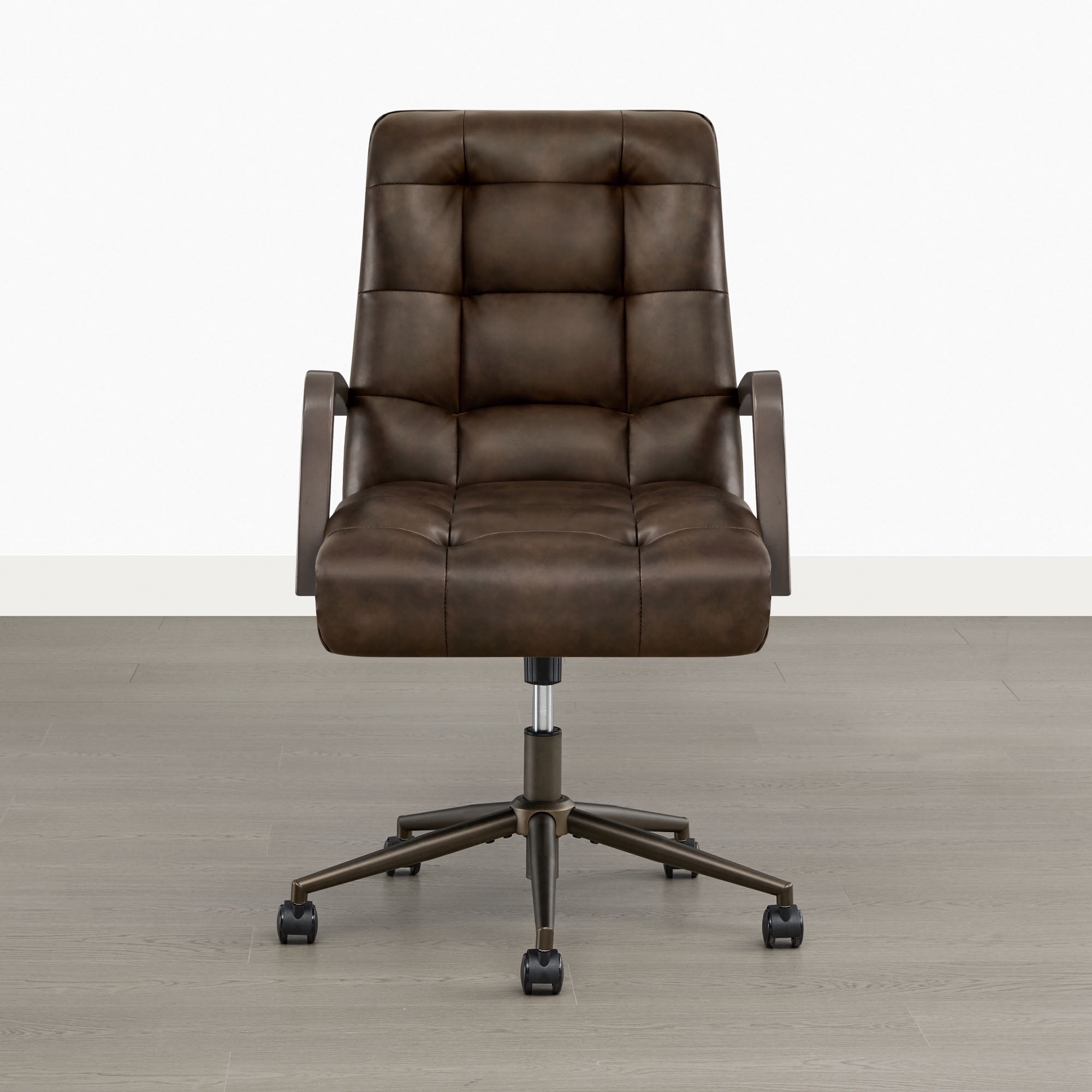 Spruce & Spring Mid-Century Modern Office Chair with Solid Wood Arms, Faux Leather Desk Chair with Adjustable Height & Tilt for Home Office, Espresso
