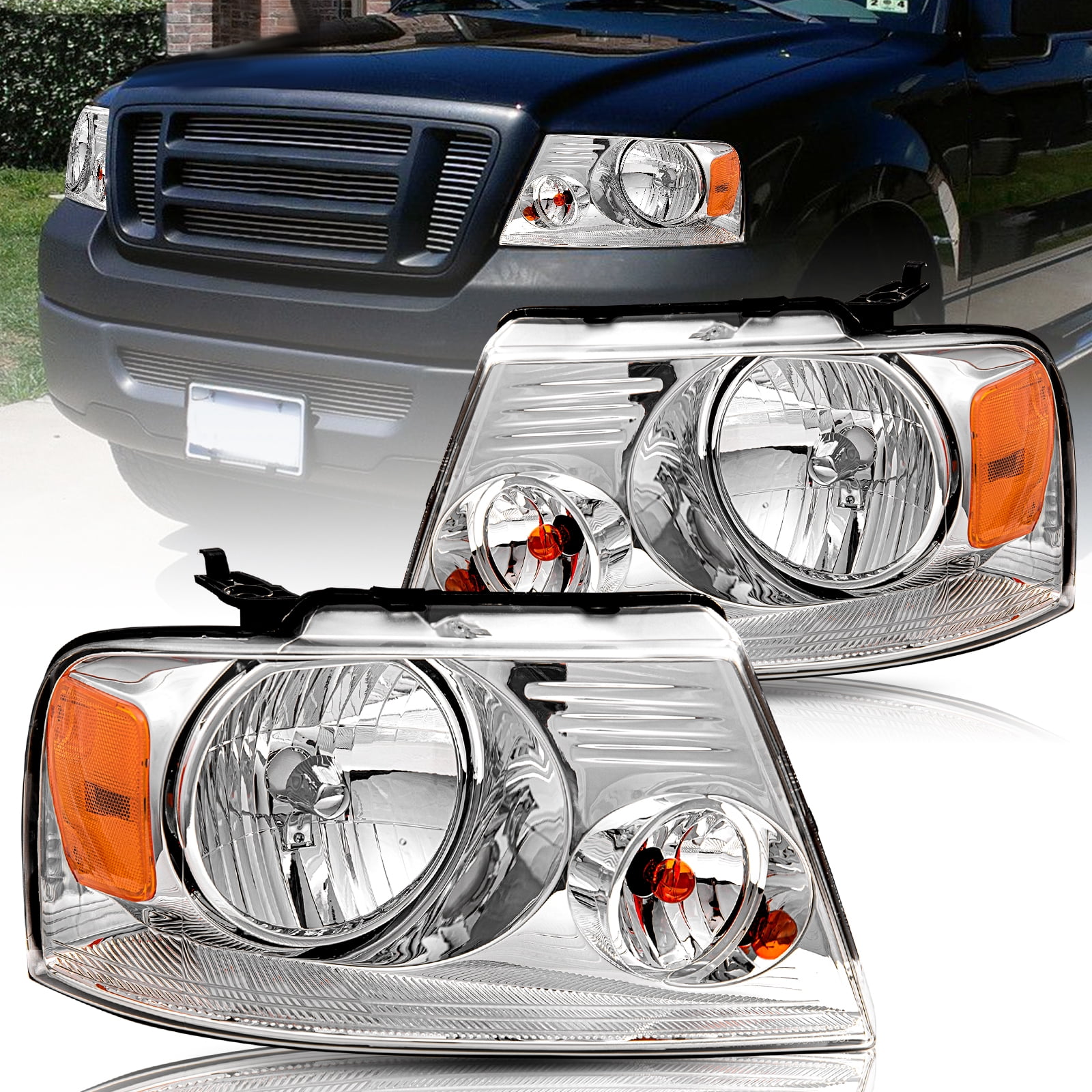 BRYGHT-For 2004-2008 Ford F-150 F150 Halogen Chrome Housing Headlights LH+RH Pair Headlamp