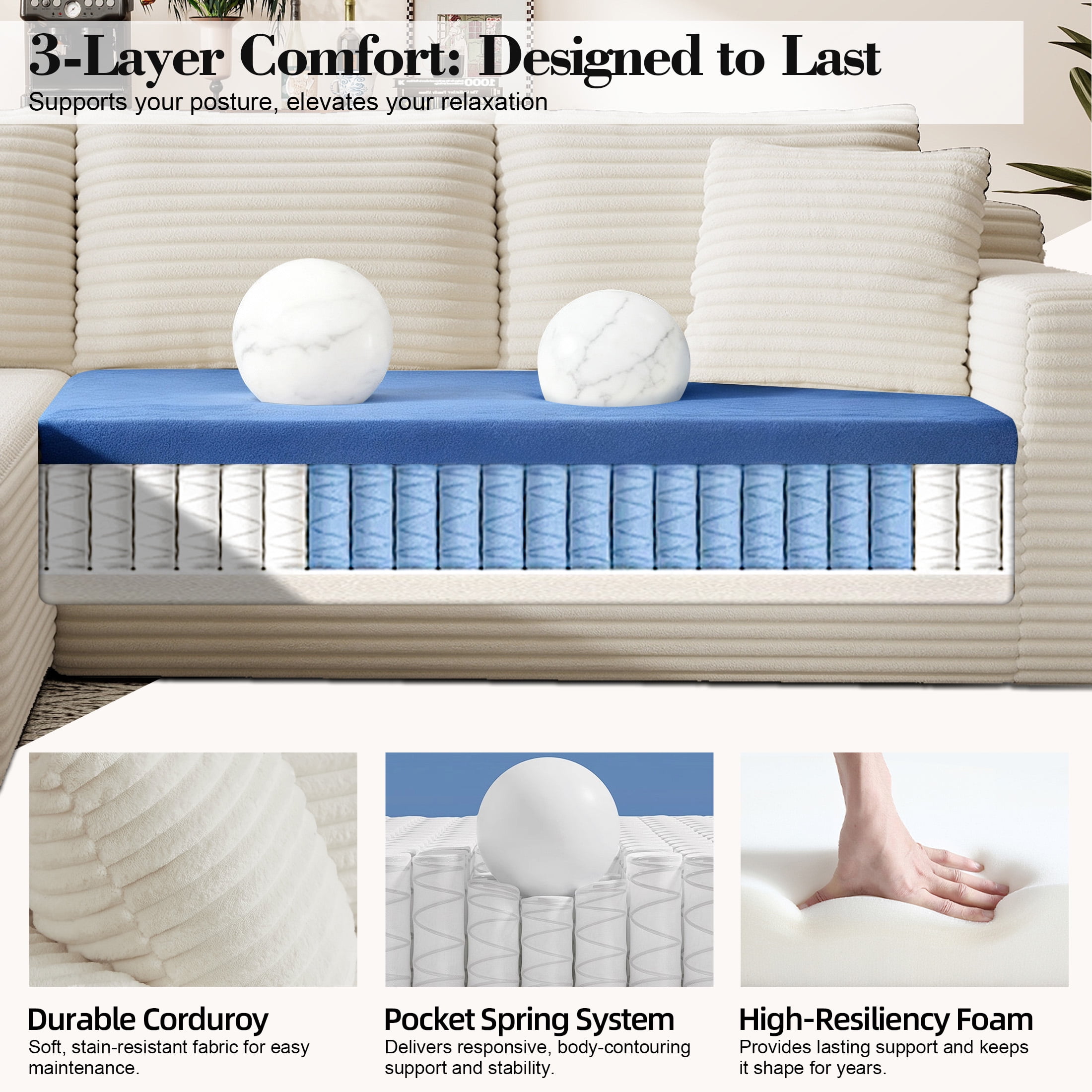 AENKYO Modular Sectional Couch with L-Shape Chaise — Modern Living Room Sofa, White, Left-Facing, No Assembly