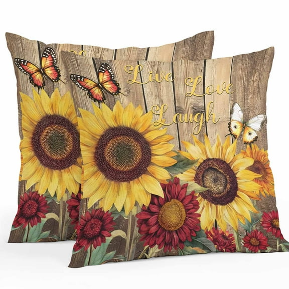 Waterproof Throw Pillow Covers Set of 2, 18x18 Inch Sunflower Brown Wooden Decorative Pillowcases Outdoor Pillow Slip Cushion Covers Set for Couch Tent Vintage Flowers Butterfly