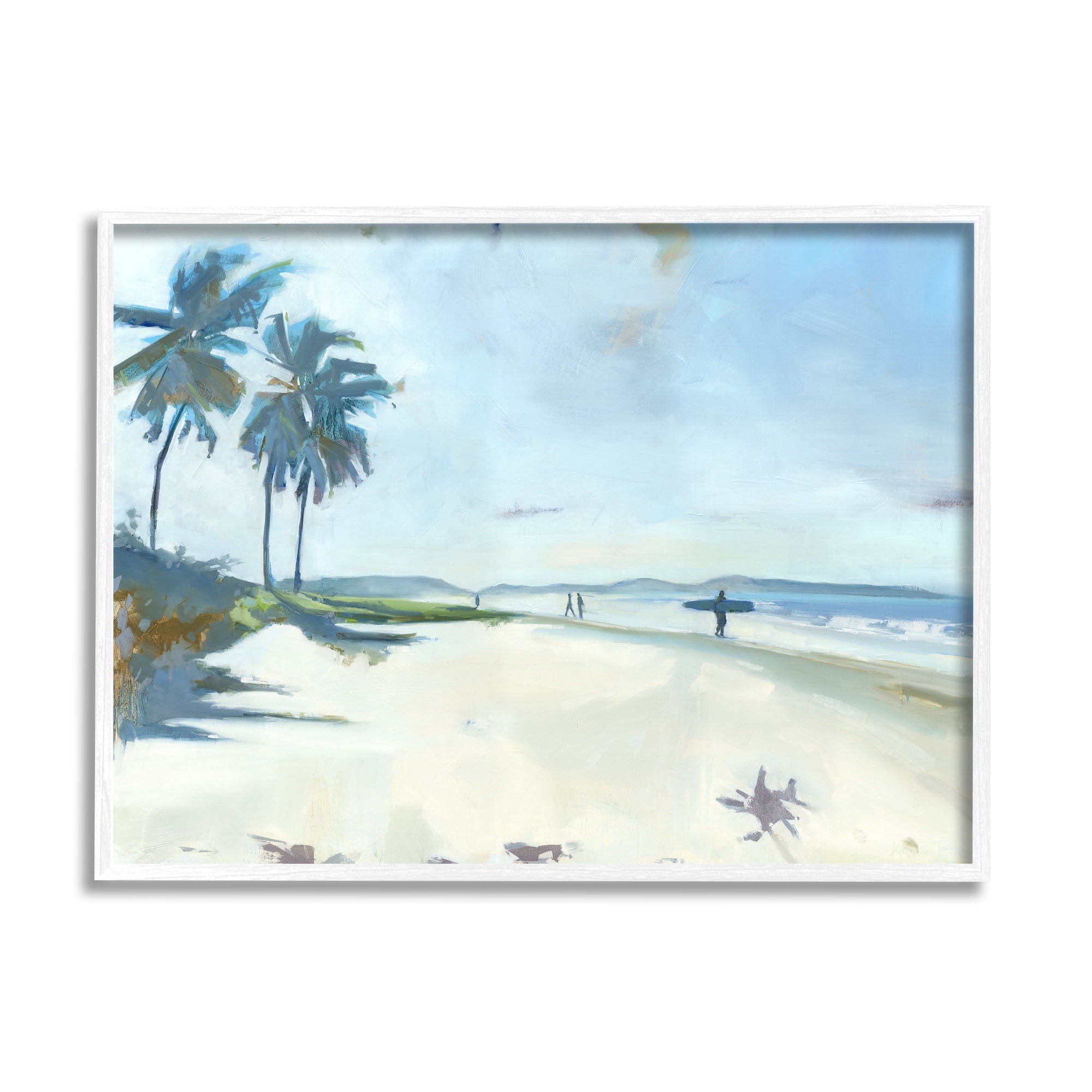 Stupell Industries Tropical Blue Beach Scene Surfers Coastal Painting White Framed Art Print Wall Art