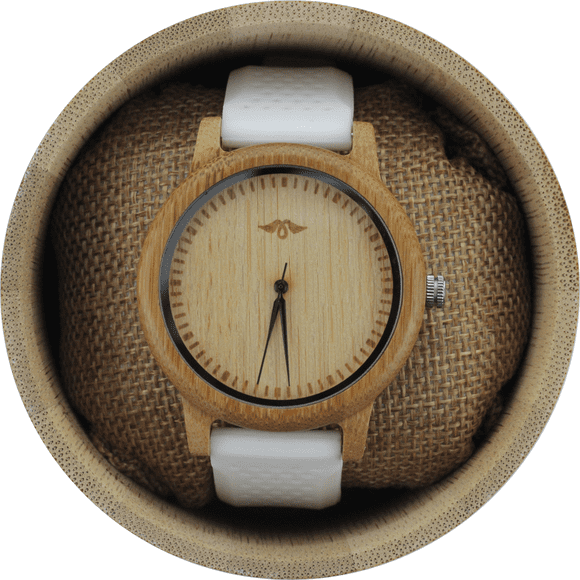 Angie Wood Creations Montre pour Homme en Bambou avec Bracelet en Silicone Blanc et Cadran en Bambou