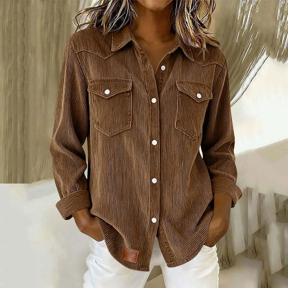 Hvyesh Women's Corduroy Shirt Jacket Shacket Button Down Long Sleeve Oversized Blouse Regular Fit Solid Coats with Pockets