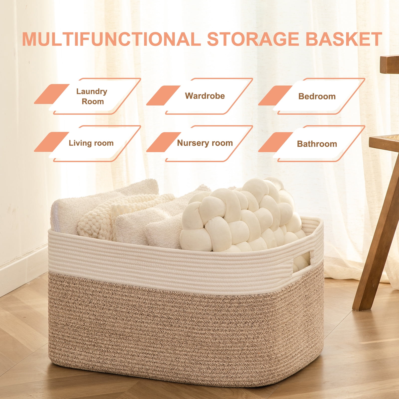 CHERISHGARD 70L Large Rectangle Blanket Basket，Cotton Rope Baskets for Storage, Woven Laundry Basket for Toys